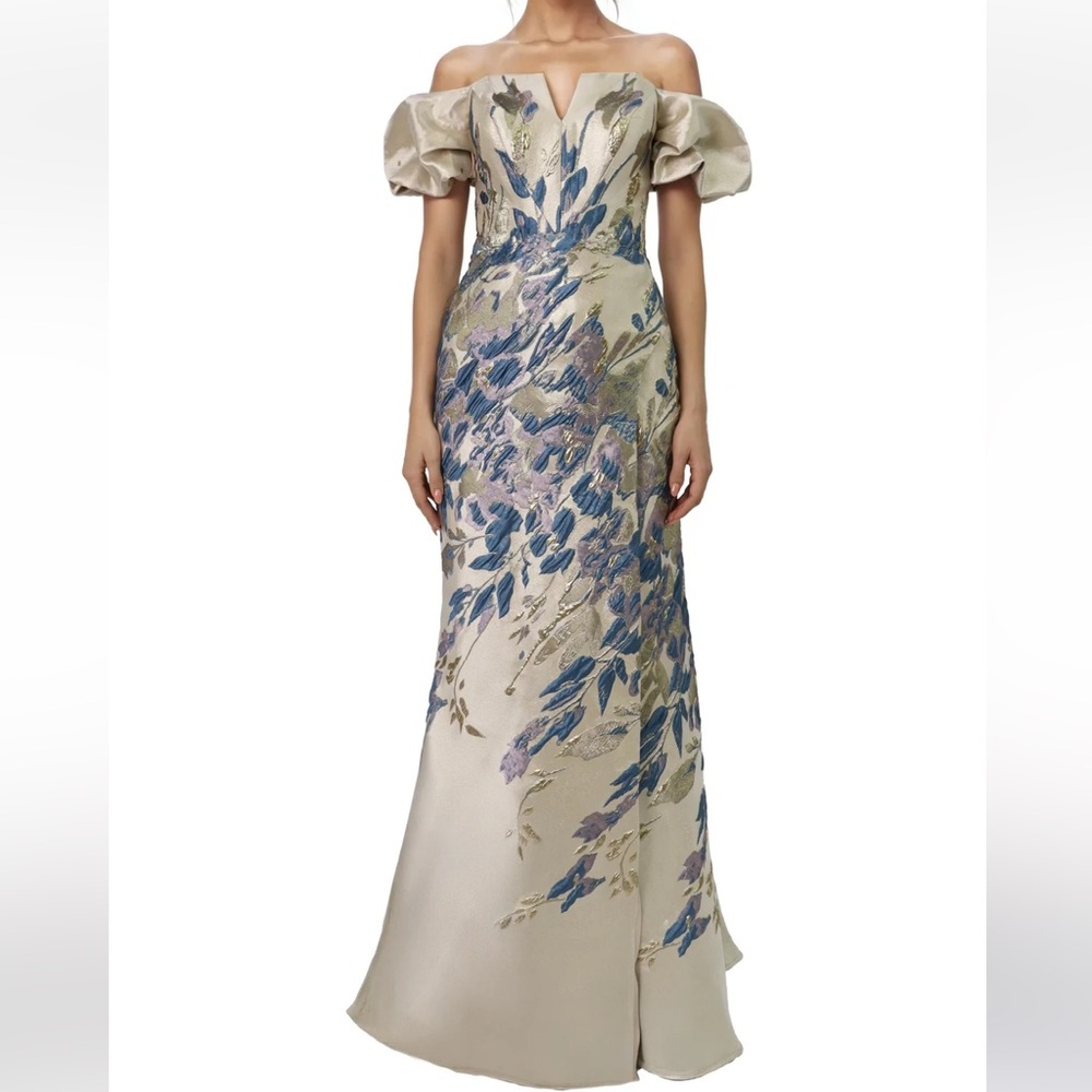 Rene Ruiz Off-Shoulder Puff Sleeve Gown in Champaign and Blue/Lilac